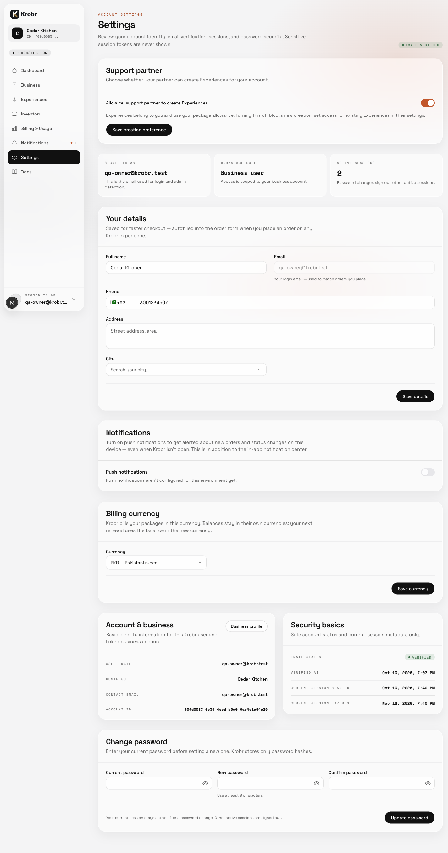 Open Settings from the workspace sidebar. This English example shows the Settings entry point and profile area; the Language card is not included in this capture.