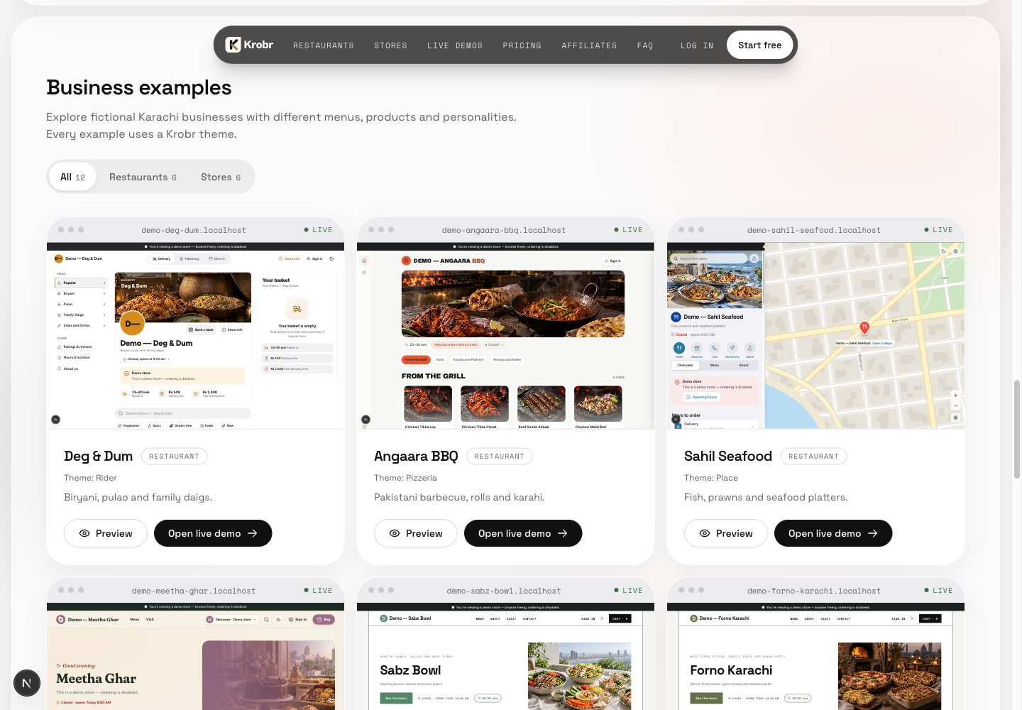 Business examples on the Themes page: filter fictional Karachi businesses, preview a theme, or open its live demo.