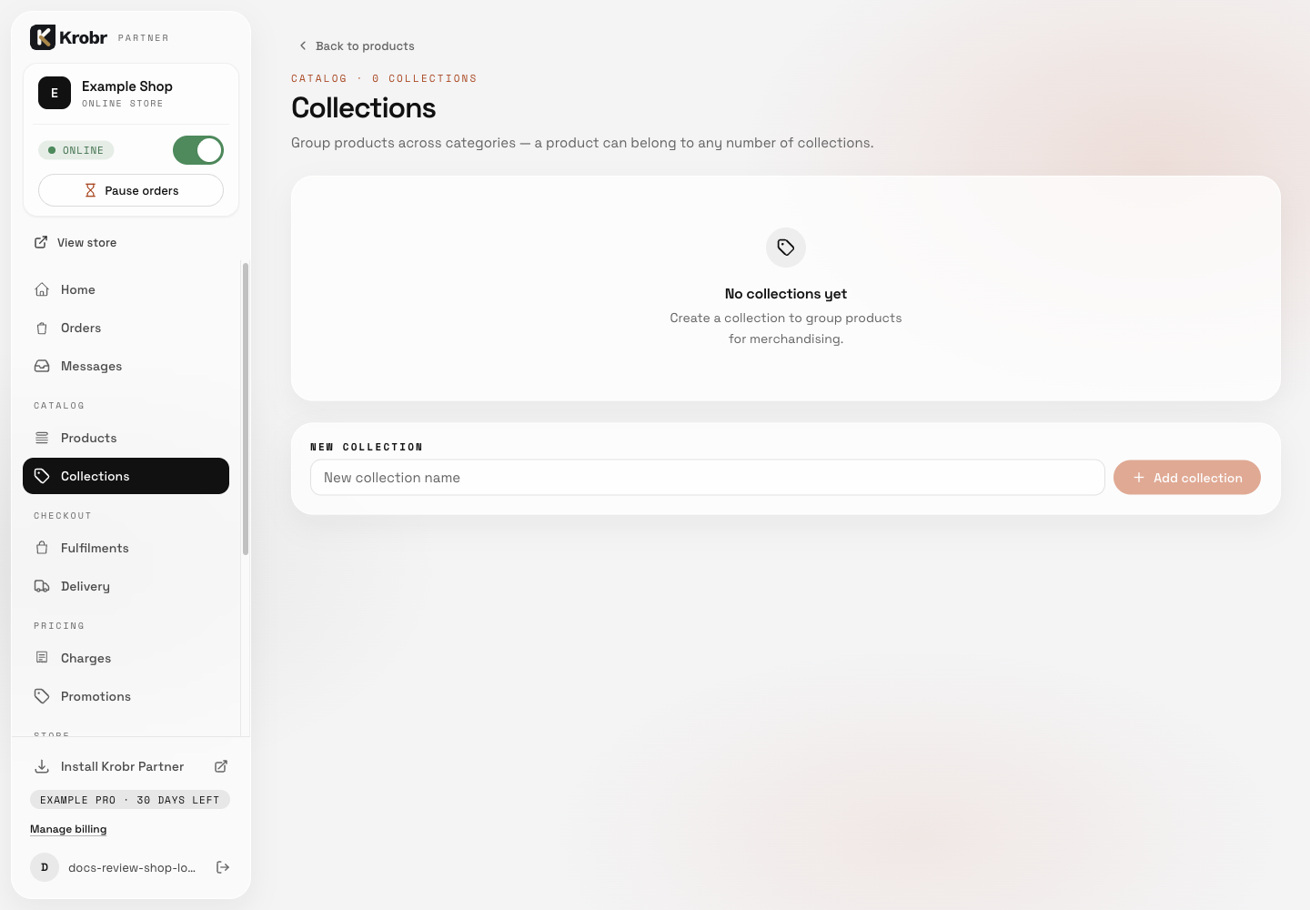 Shop products, categories, subcategories aur collections organize karein: example screen mein controls dhoondein aur upar numbered instructions follow karein. 13 October 2026 ki English misaal. Partner ke account hissay mein ab Zaban bhi hai, jo is purani sidebar tasveer mein nazar nahi aa rahi; maujooda screen ke liye qadam ba qadam hidayat follow karein.