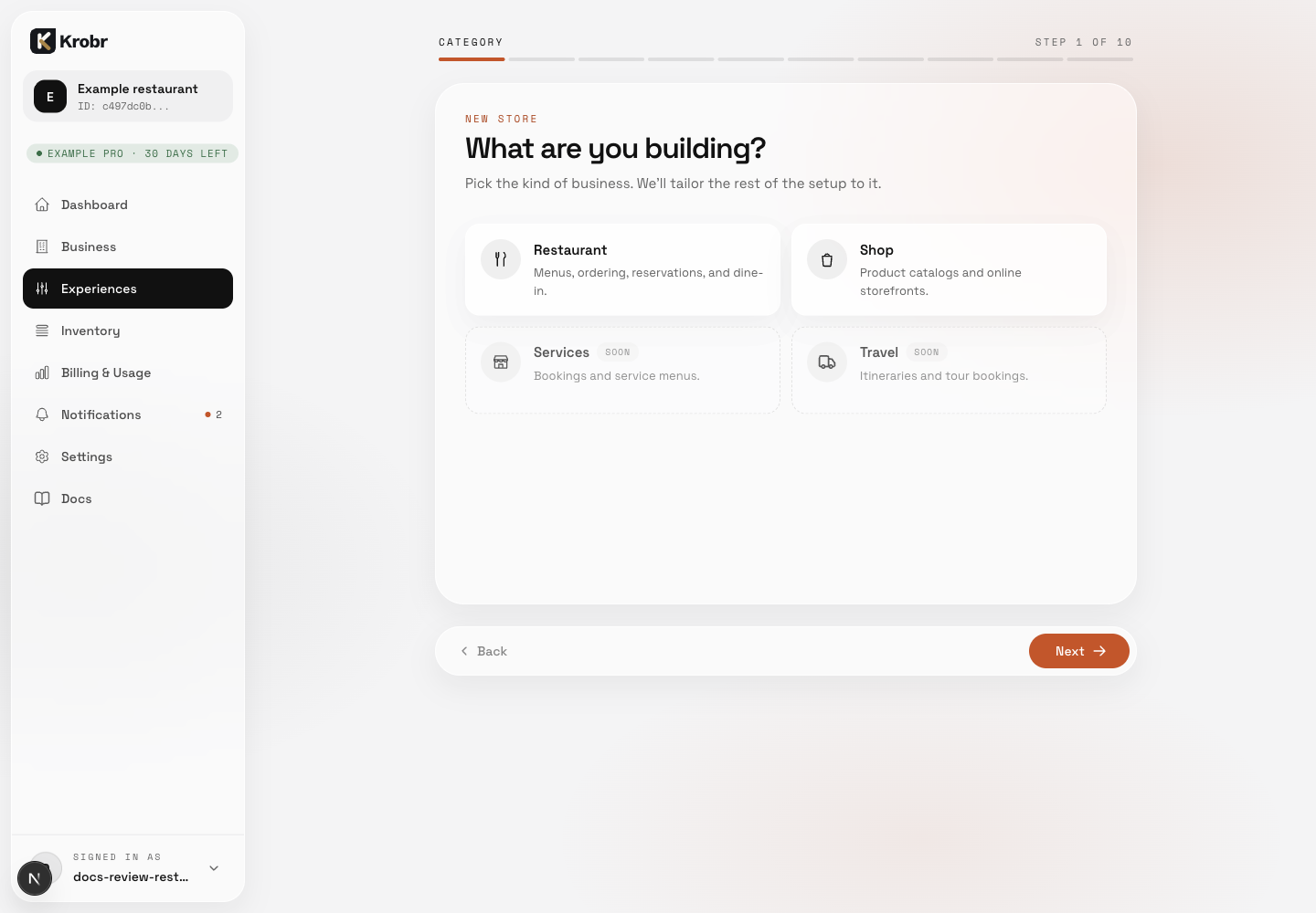 Choose Restaurant or Shop first; the next step offers Upload a store file and Set up manually.