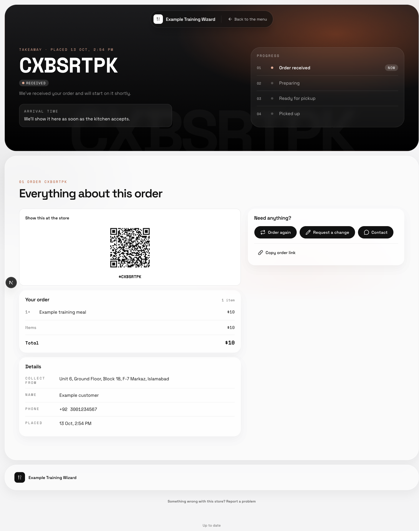 The same order page shows current progress, its short code and permitted follow-up actions.