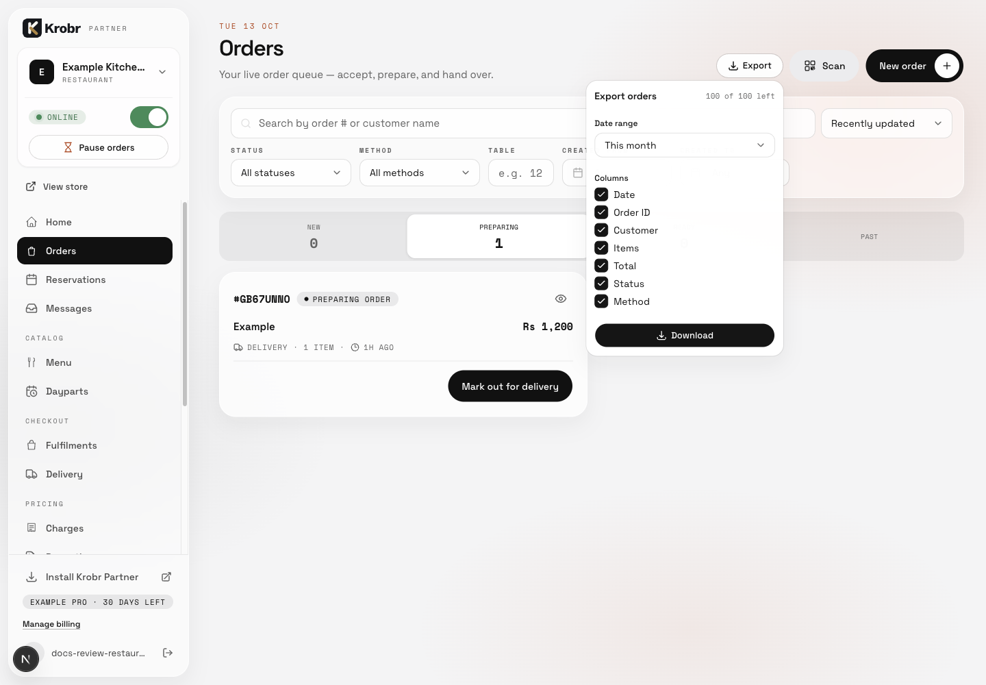 Read the export dataset, remaining allowance, Date range and Columns before Download. Retained English example from 13 October 2026. The Partner account area now also includes Language, which is not shown in this dated sidebar; follow the numbered steps for the current screen.