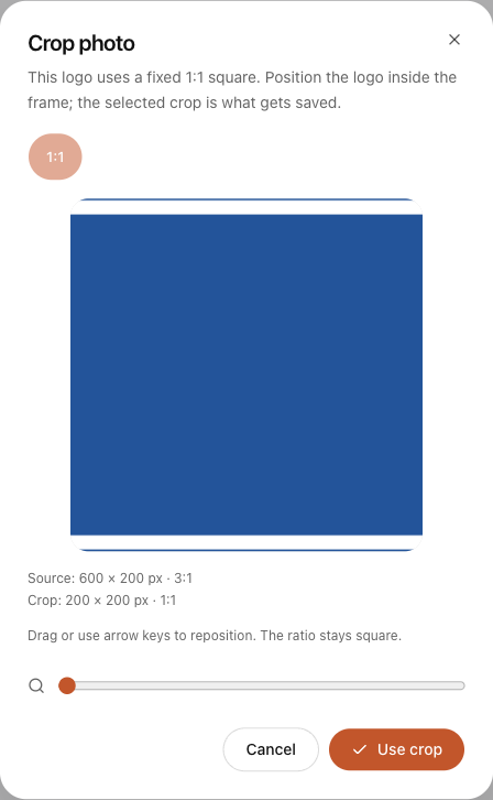 Logo uploads and URL imports use a fixed square crop. Source and Crop show the uploaded and saved dimensions.