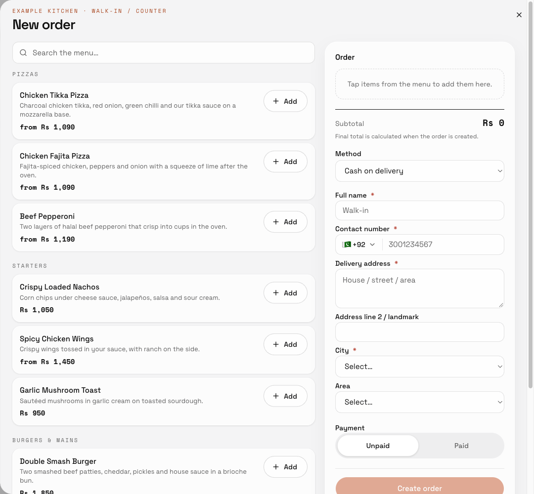 Create counter orders and resolve offline unsynced orders: find the controls in this example screen and follow the numbered instructions above.