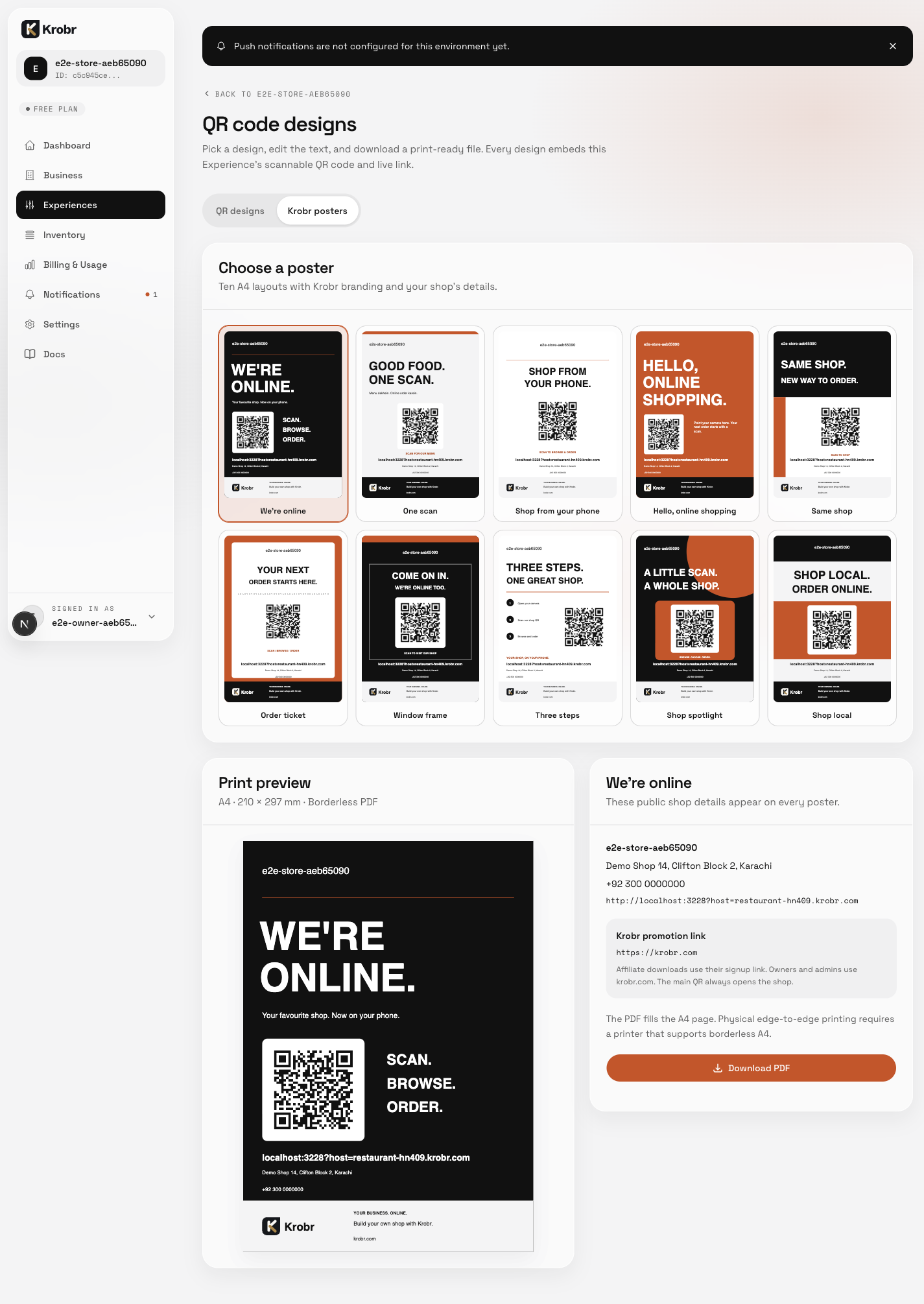 The Krobr posters tab offers ten A4 designs, a print preview and the promotion link used for this download. This authenticated demonstration owner uses krobr.com.