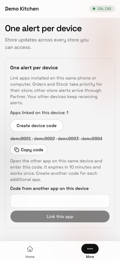 Device linking controls with a synthetic example code.