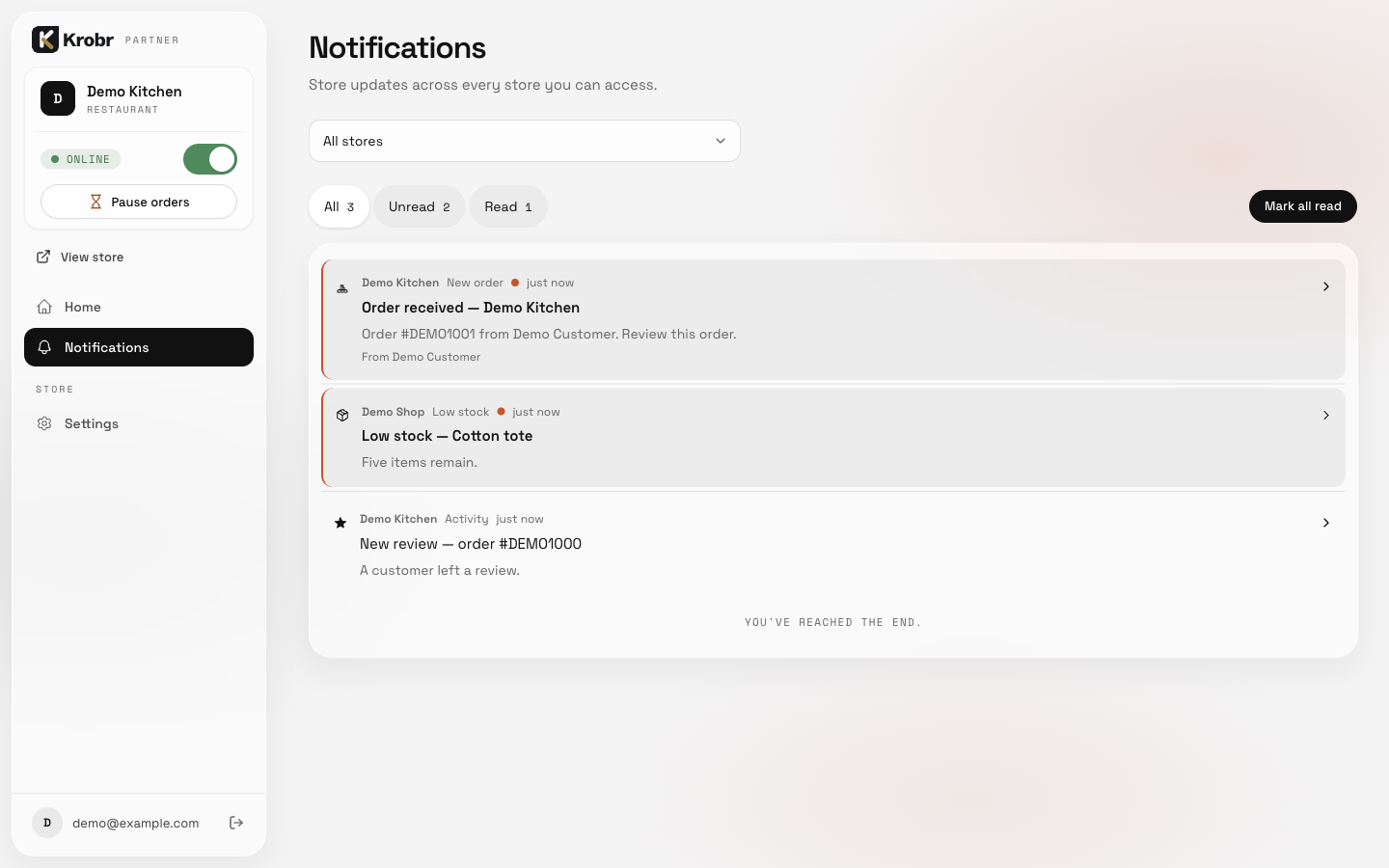 Partner Notifications: All stores, read filters and store event cards.