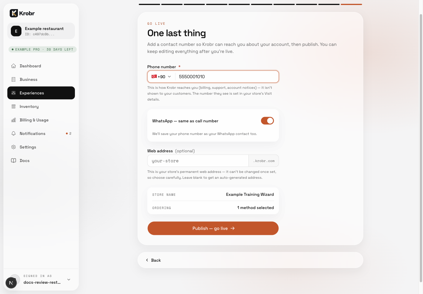 Review the account contact number and permanent web-address choice before Publish — go live.