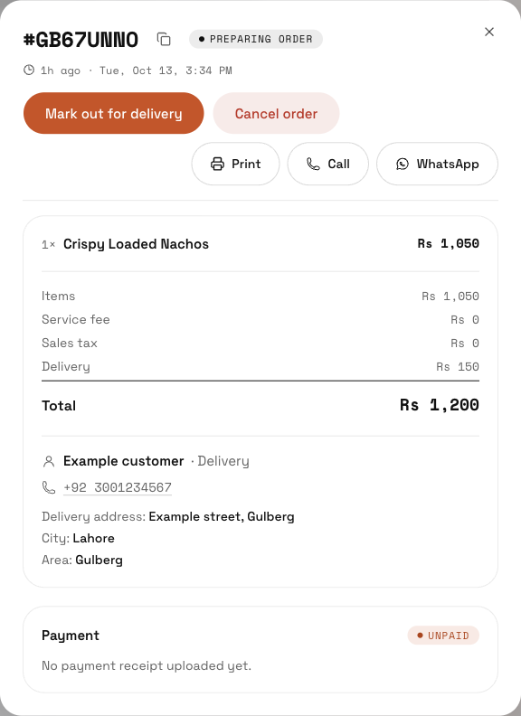 Find, accept, prepare, and complete orders in Partner: find the controls in this example screen and follow the numbered instructions above.