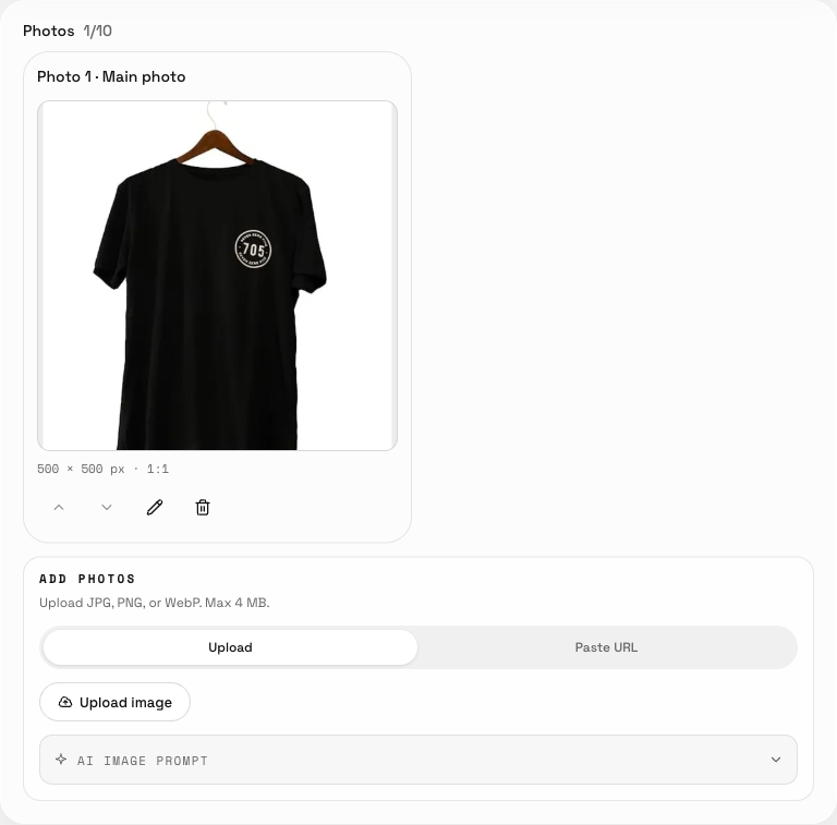 The saved gallery shows one uploaded image and its order; reopen the product to verify it.