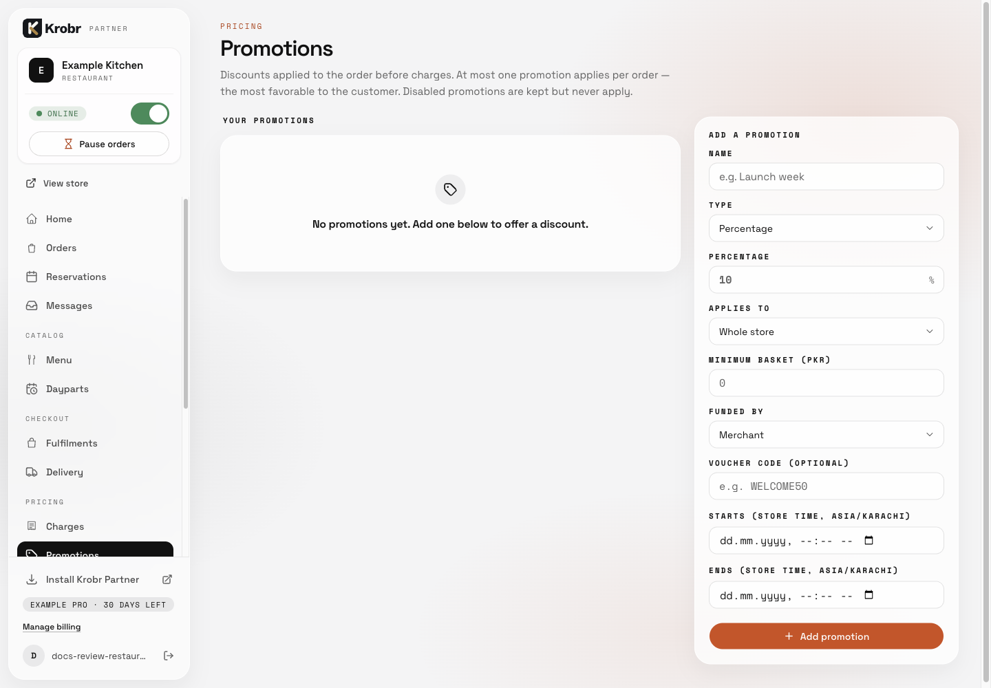 Add charges, discounts, voucher codes, and quantity tiers: find the controls in this example screen and follow the numbered instructions above. Retained English example from 13 October 2026. The Partner account area now also includes Language, which is not shown in this dated sidebar; follow the numbered steps for the current screen.