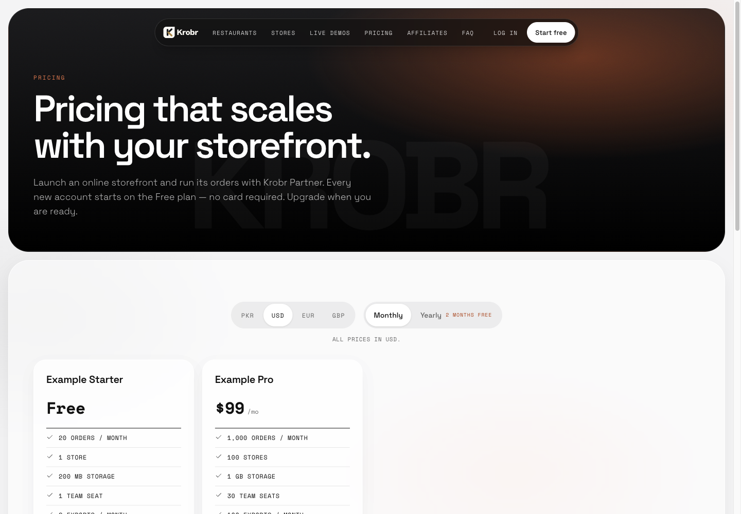 Explore pricing, themes and Krobr programs: find the controls in this example screen and follow the numbered instructions above.
