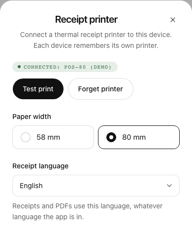 The Receipt printer sheet with a connected USB printer, paper width and receipt language.
