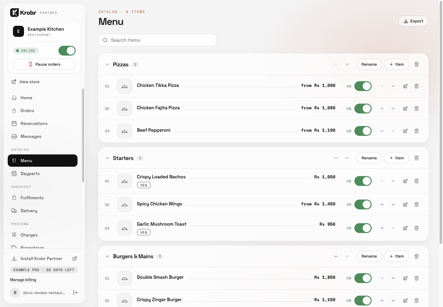 Add, edit, and organize your restaurant menu: find the controls in this example screen and follow the numbered instructions above. Retained English example from 13 October 2026. The Partner account area now also includes Language, which is not shown in this dated sidebar; follow the numbered steps for the current screen.