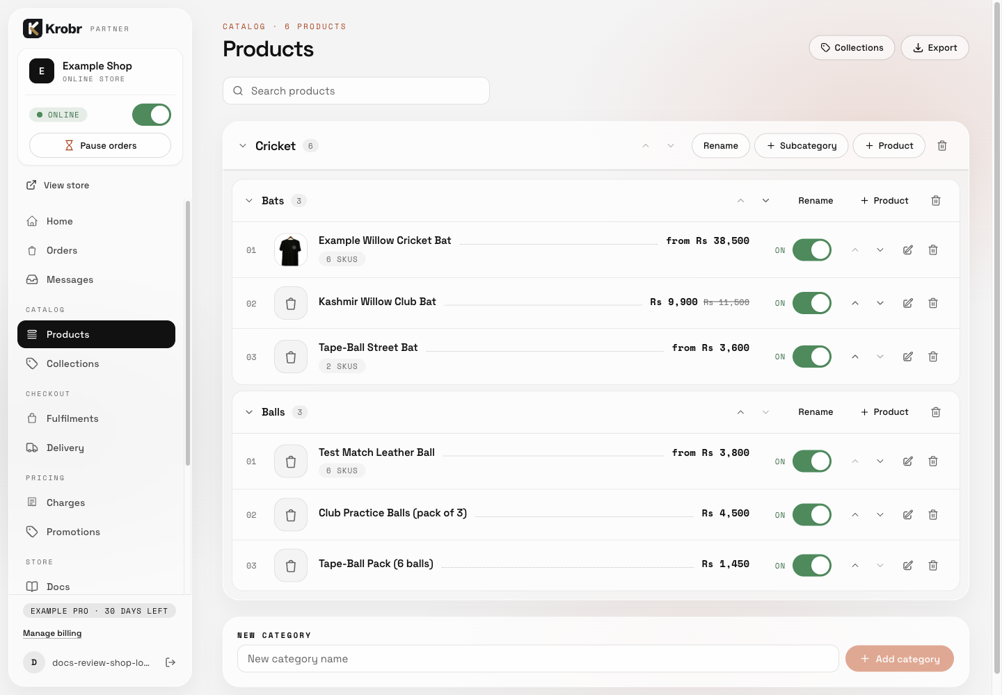 Shop products, categories, subcategories aur collections organize karein: example screen mein controls dhoondein aur upar numbered instructions follow karein. 13 October 2026 ki English misaal. Partner ke account hissay mein ab Zaban bhi hai, jo is purani sidebar tasveer mein nazar nahi aa rahi; maujooda screen ke liye qadam ba qadam hidayat follow karein.