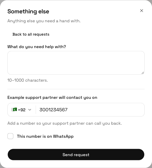 Something else asks for a clear description and Contact number before Send request.