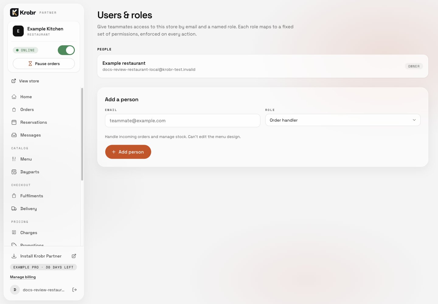 Invite a teammate and control access: find the controls in this example screen and follow the numbered instructions above. Retained English example from 13 October 2026. The Partner account area now also includes Language, which is not shown in this dated sidebar; follow the numbered steps for the current screen.
