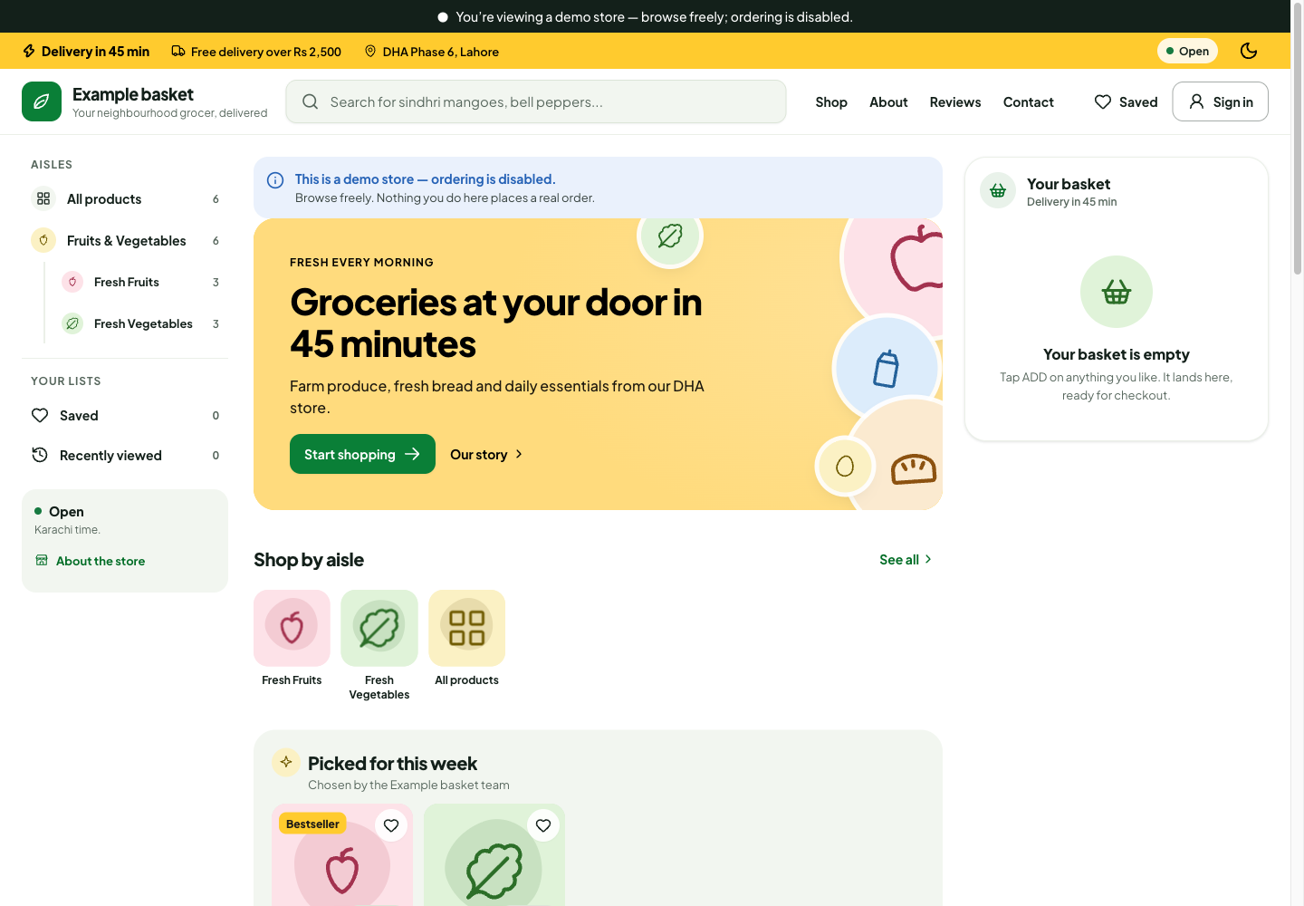 Basket theme: controls aur farq: example storefront mein is theme ki layout aur navigation dekhein.