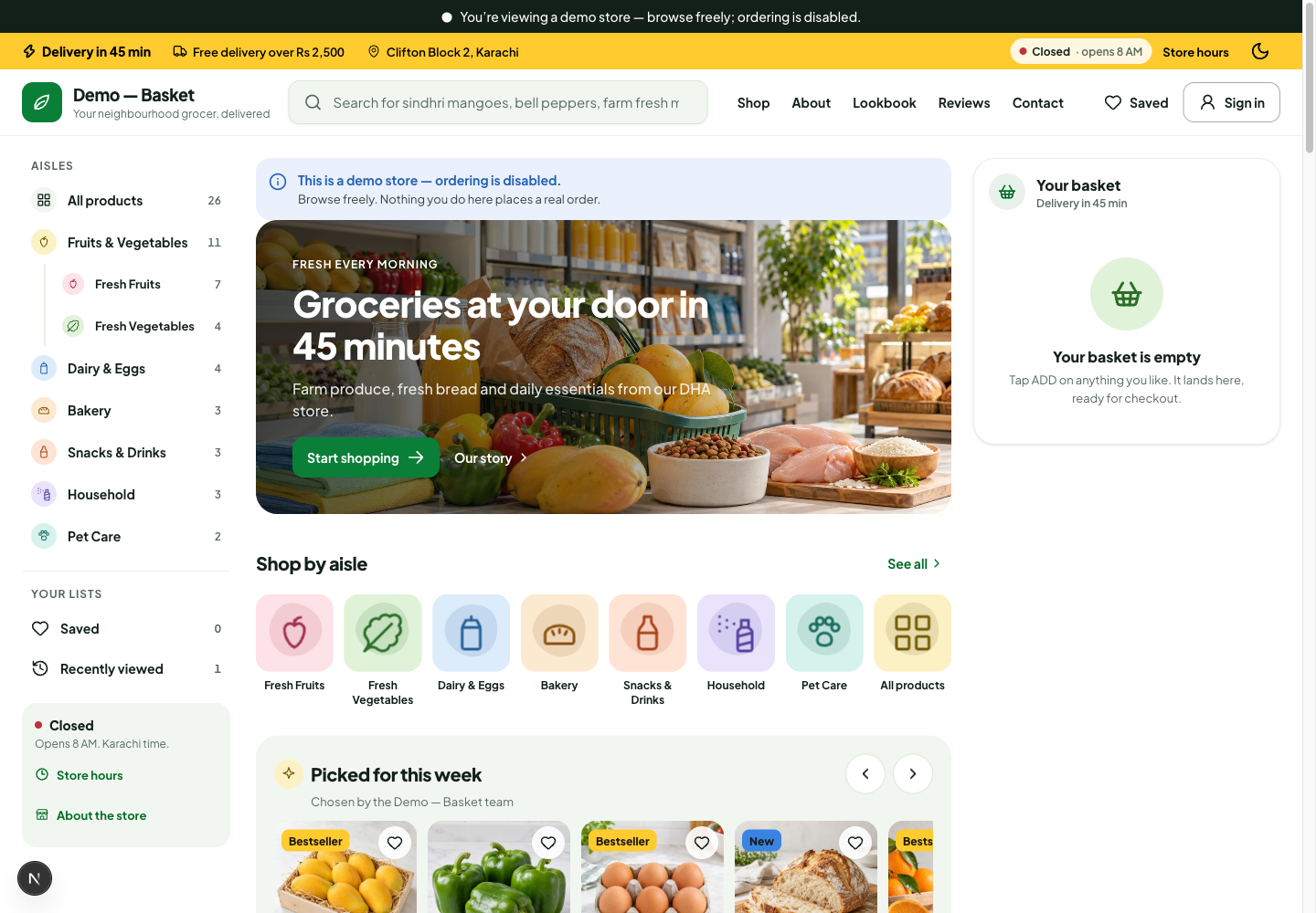Basket theme: controls and differences: inspect this theme’s layout and navigation in the example storefront.