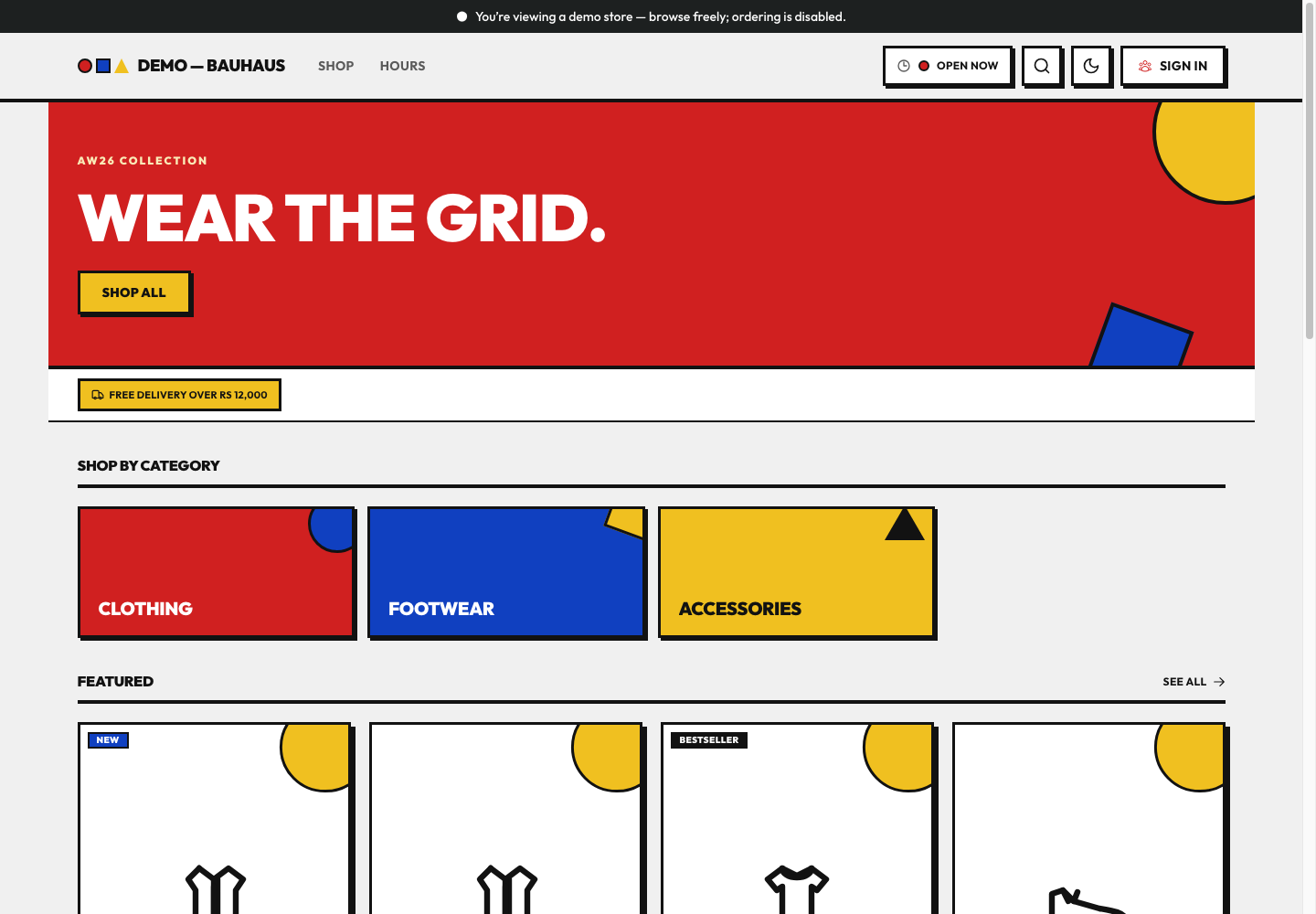 Bauhaus theme: controls and differences: inspect this theme’s layout and navigation in the example storefront.