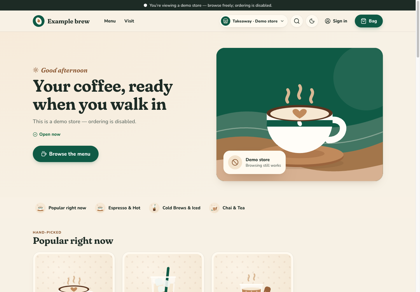 Brew theme: controls and differences: inspect this theme’s layout and navigation in the example storefront.