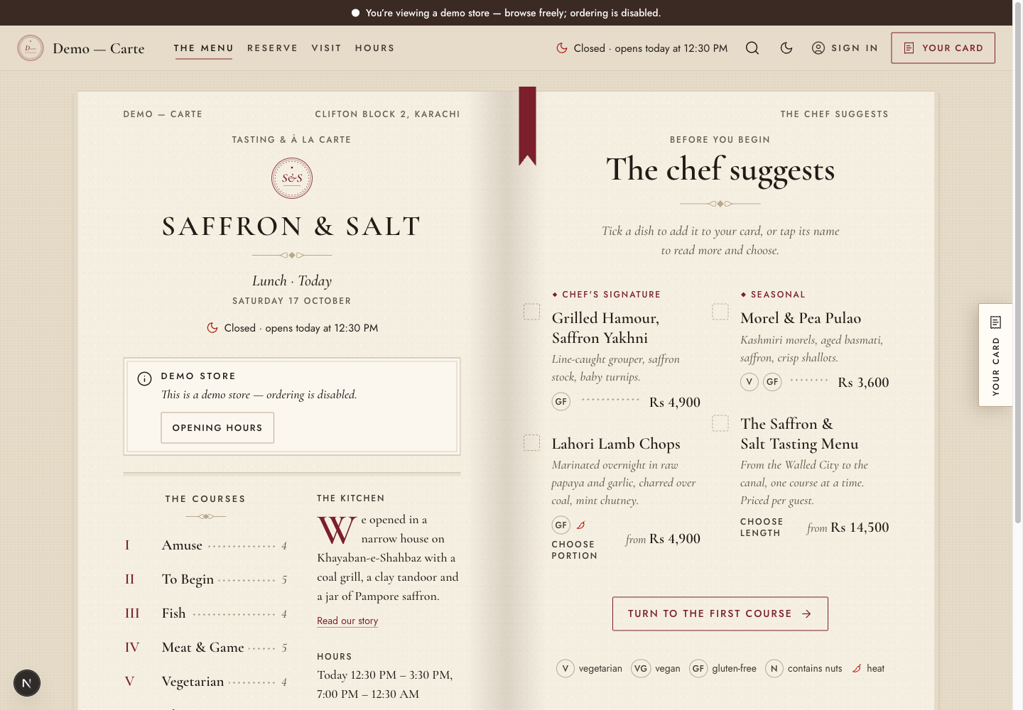 Carte theme: controls and differences: inspect this theme’s layout and navigation in the example storefront.
