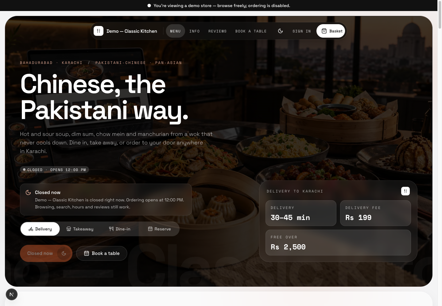 Classic Restaurant theme: controls and differences: inspect this theme’s layout and navigation in the example storefront.