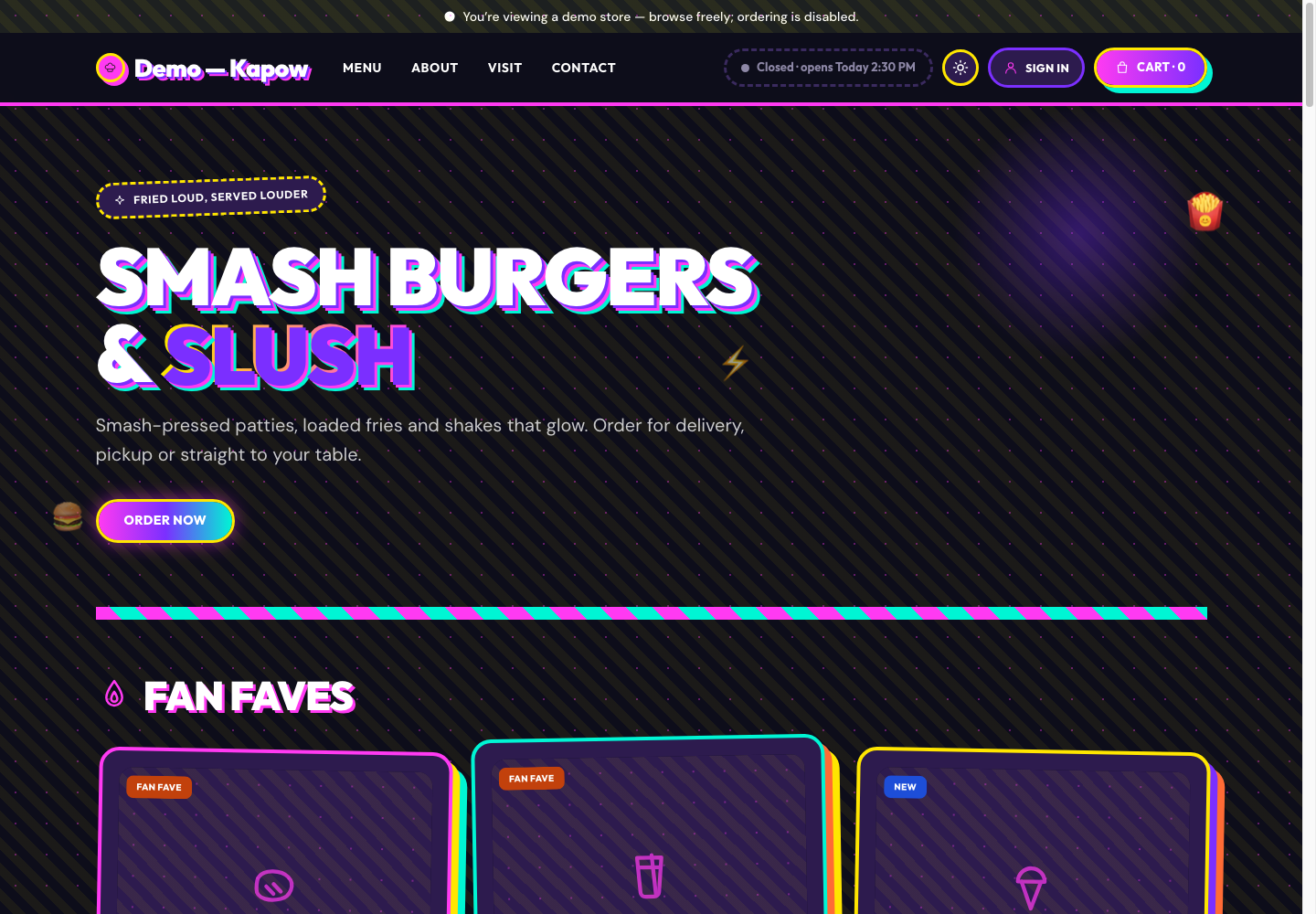 Kapow theme: controls and differences: inspect this theme’s layout and navigation in the example storefront.