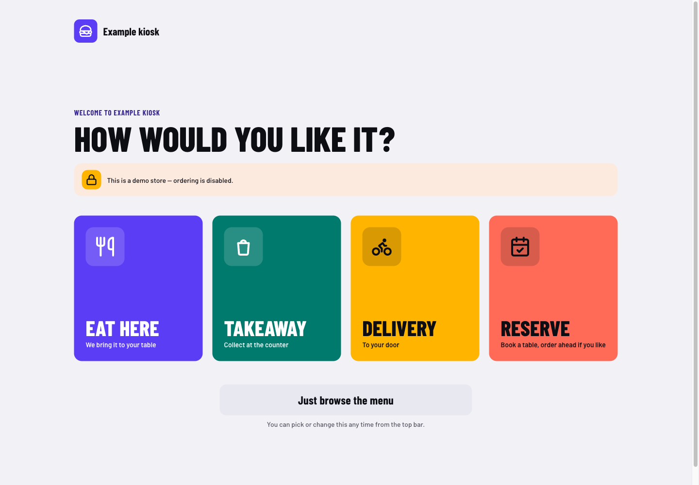 Kiosk theme: controls and differences: inspect this theme’s layout and navigation in the example storefront.