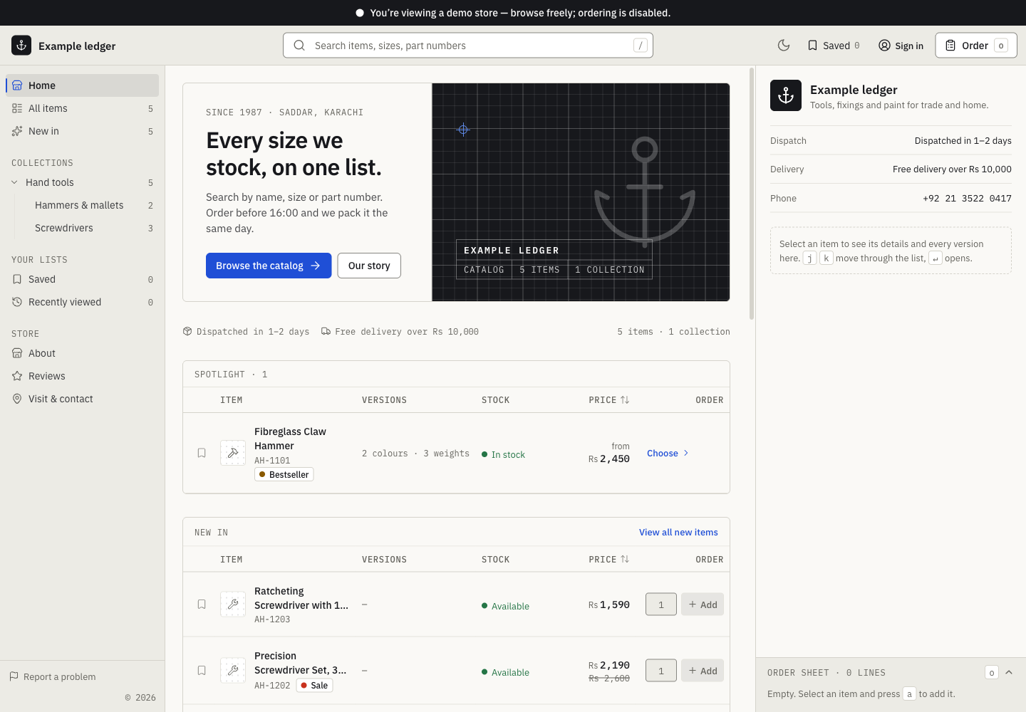 Ledger theme: controls and differences: inspect this theme’s layout and navigation in the example storefront.