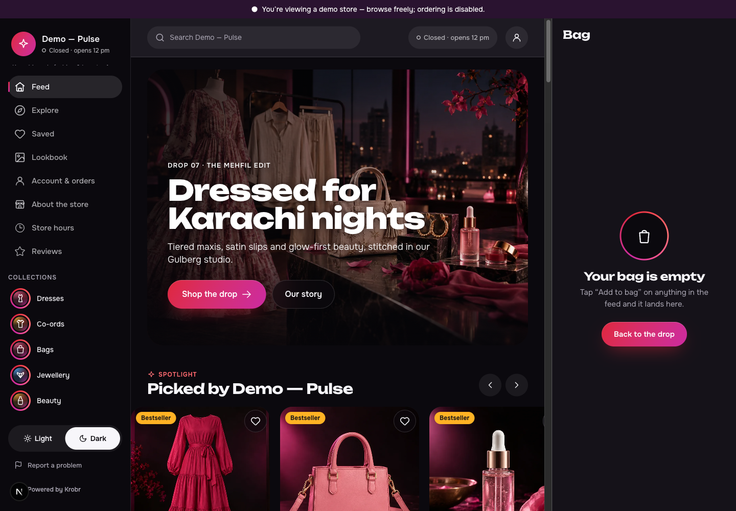 Pulse theme: controls and differences: inspect this theme’s layout and navigation in the example storefront.