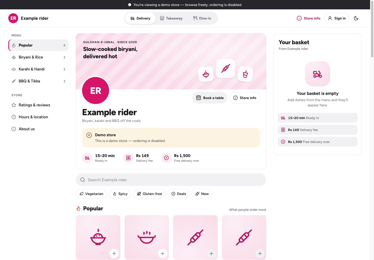 Rider theme: controls and differences: inspect this theme’s layout and navigation in the example storefront.