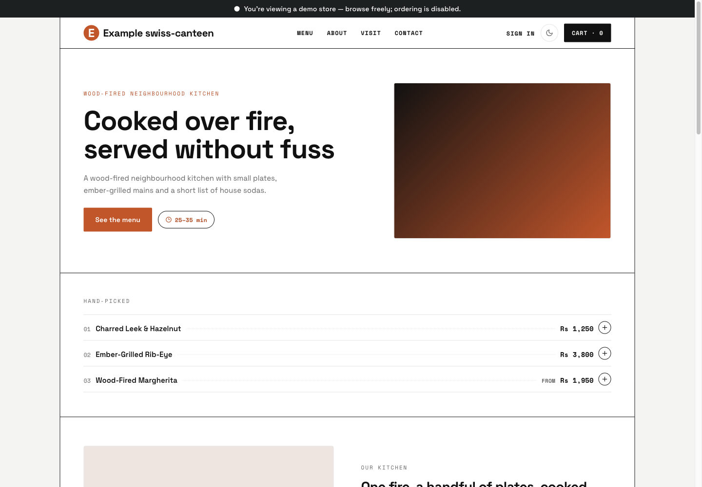 Swiss Canteen theme: controls and differences: inspect this theme’s layout and navigation in the example storefront.