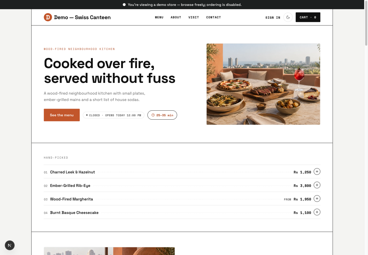 Swiss Canteen theme: controls and differences: inspect this theme’s layout and navigation in the example storefront.