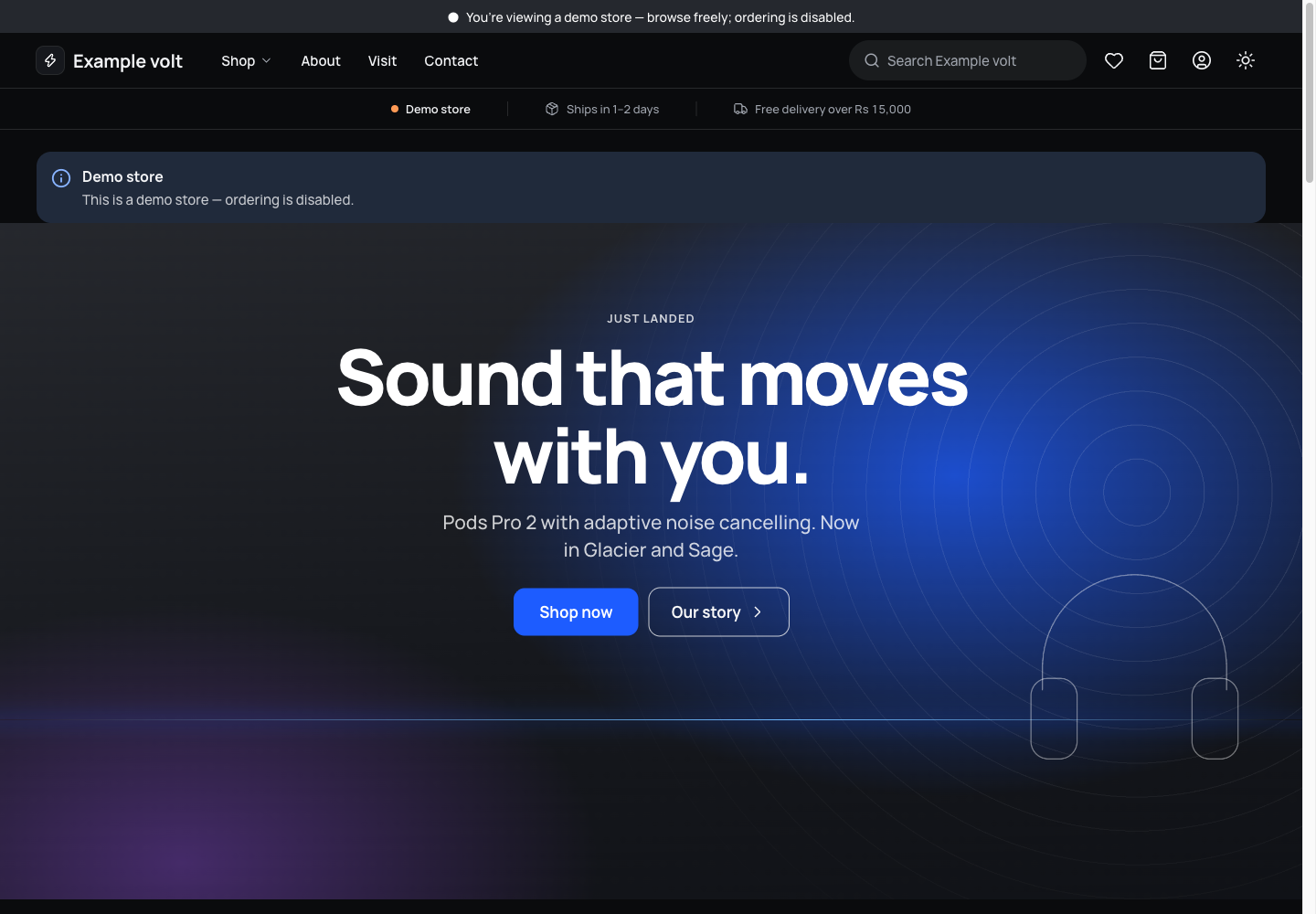 Volt theme: controls and differences: inspect this theme’s layout and navigation in the example storefront.